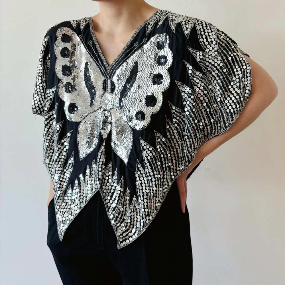 Vintage Y2K Silk Sequin Butterfly Poncho Top Black Silver Hand Beaded